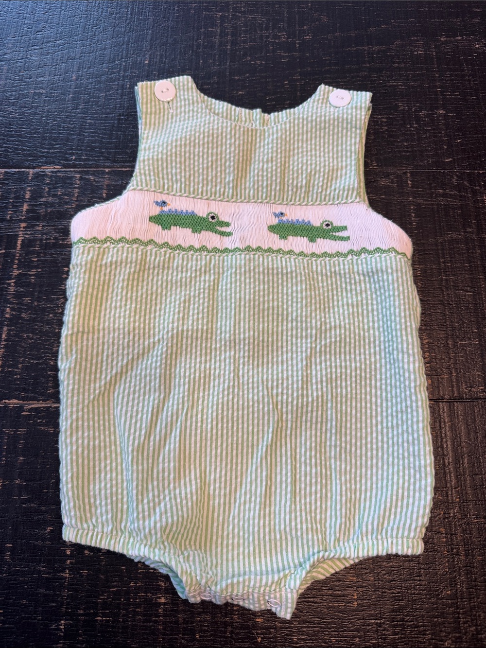 Smokingbird Green Stripe Smocked Alligator Baby One-Piece 12m